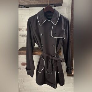 Lauren Ralph Lauren NWT Mid Trench Coat Black/Pearl Trim Belt Tie Button Jacket